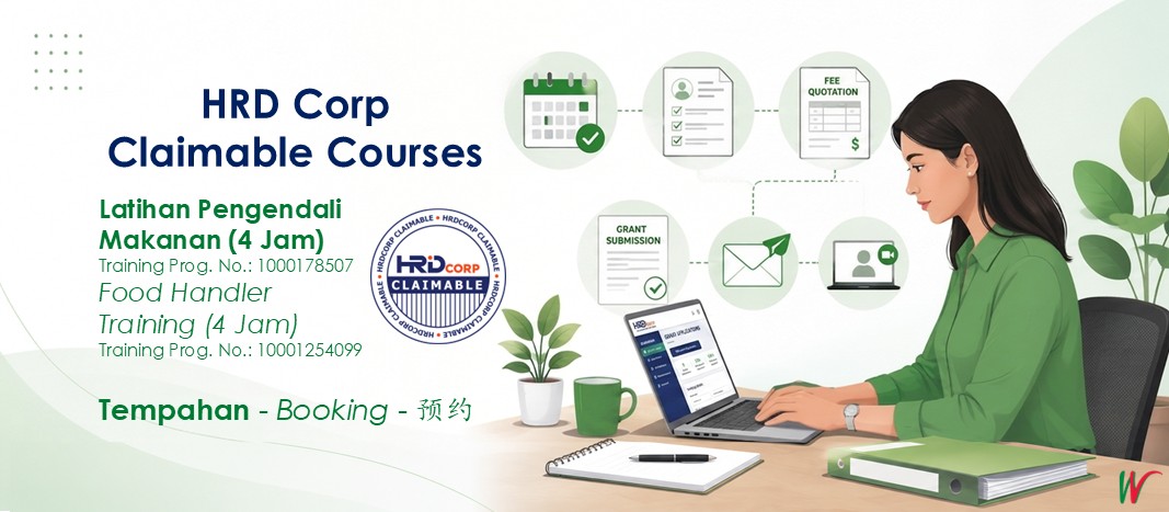 Win Synergy Training’s HRD Corp Claimable Food Handler Training booking page, showing Latihan Pengendali Makanan programme details, booking information and an HR admin preparing online grant submission documents.