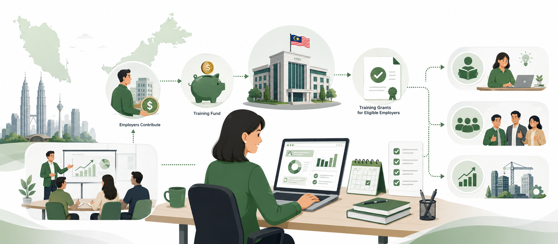 Illustration explaining HRD Corp in Malaysia, showing employer levy contribution, training fund support, training grants and employee skills development.