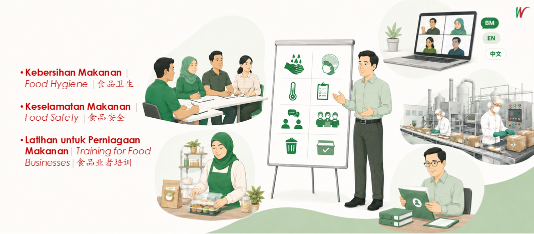 Win Synergy Training homepage illustration showing food hygiene, food safety and training support for food businesses through classroom, online, SME and factory training scenes.