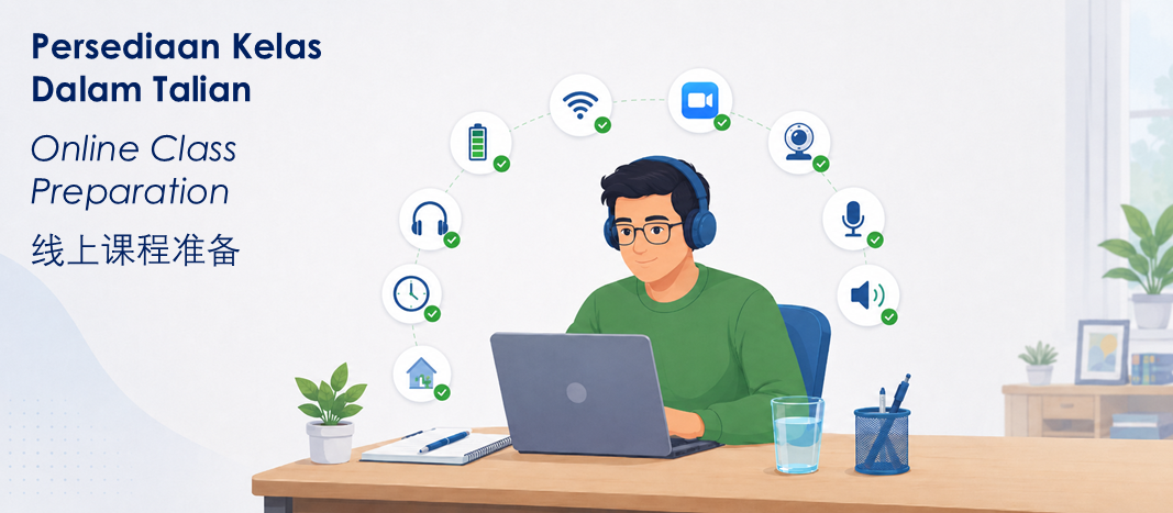 Adult participant prepared for online class with laptop, headphones, stable connection, full battery, and readiness icons.